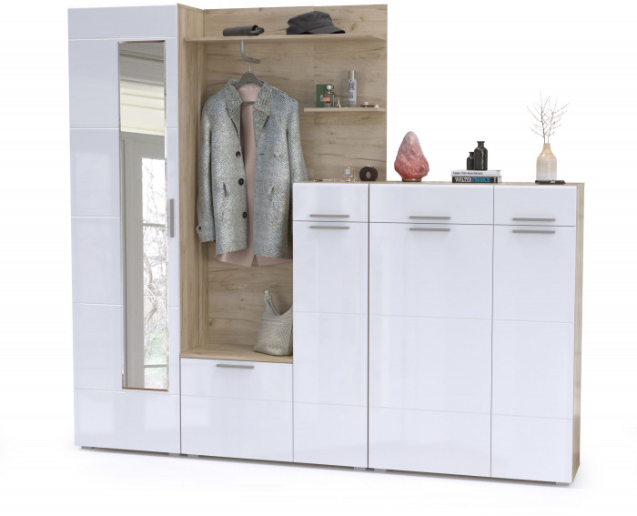 Лайн Прихожая № 10, цвет дуб крафт серый/фасады МДФ белый глянец, ШхГхВ 234,8х35,1х210 см., НЕ универсальная сборка