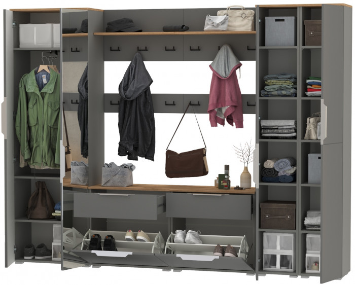 Октава Прихожая 37, цвет серый графит/дуб крафт золотой/фасады МДФ серый графит, ШхГхВ 258,6х35,4х197,6 см., универсальная сборка