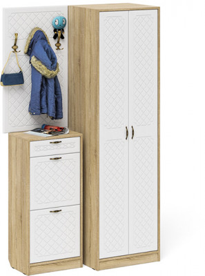 Прихожая П-6 Компоновка № 18, цвет дуб сонома/фасады МДФ белое дерево фрезеровка ромб, ШхГхВ 120х50х210 см., универсальная сборка