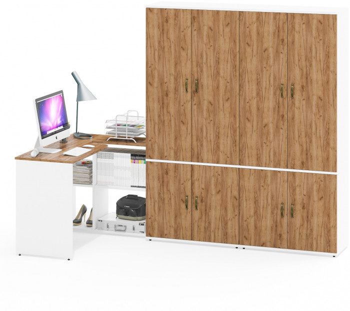 Лидер-8 Стол + Шкаф МД 20Б + Шкаф МД 20Б, цвет белый шагрень/крафт золото, ШхГхВ 325х50/37,5х75/190 или 115х240/50х75/190 см., НЕ ун. сборка