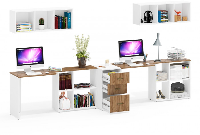 Лидер-8 Стол + Полка + Стол + Полка + Тумба МД 3.16, цвет белый шагрень/крафт золото, ШхГхВ 370х50/30х75/190 или 270х80/50х75/190 , НЕ универс. сборка