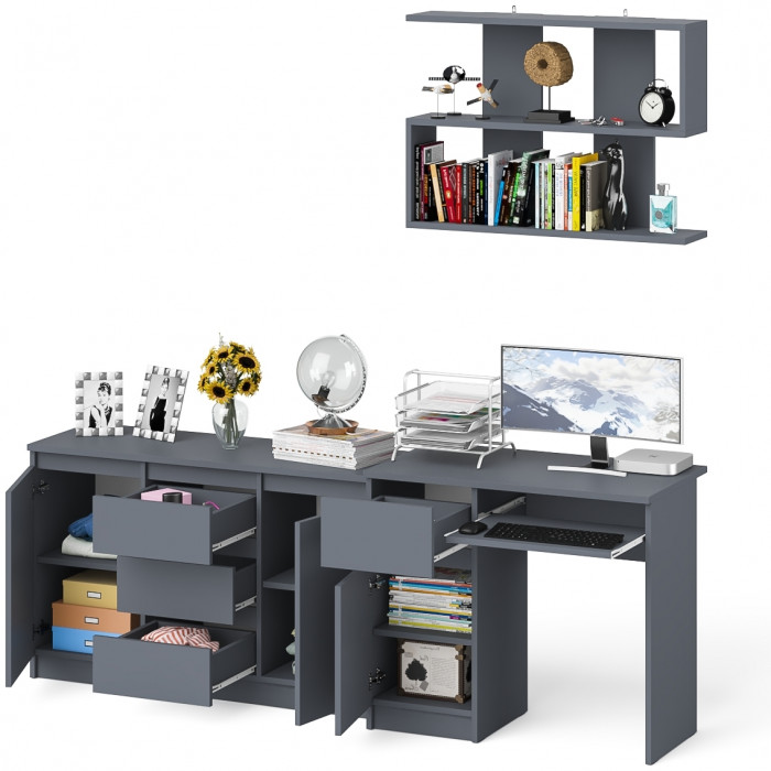 Мори Стол компьютерный МС-1 левый + Комод МК1200.3 + Полка 900, цвет графит, ШхГхВ 210,4х50х209,6 см., НЕ универсальная сборка