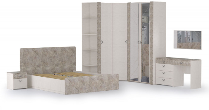 Амели Спальня № 7 13.106 + 12.48 + 03.240 + Шкафы 08.49 + 13.133 + 13.131 + 13.140 + Кровать 11.31 + под. ортопед + Тумбочка, 1600х2000 мм, б/м