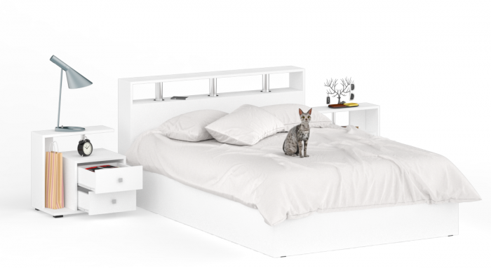 Камелия Кровать 1400 + две тумбы, цвет белый, ШхГхВ 256х217х78,2 см., сп.м. 1400х2000 мм., без матраса, основание есть