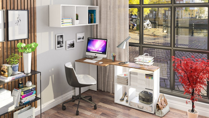 Лидер-8 Стол + Полка, цвет белый шагрень/крафт золото, ШхГхВ 165х50/30х190 см. или 115х50/80х190 см., НЕ универсальная сборка