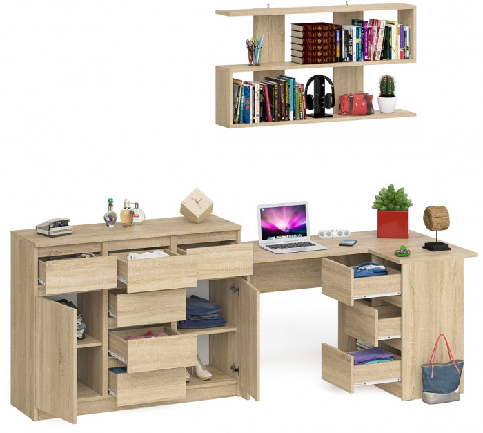 Мори компьютерный стол МС-16 правый + Комод МК1200.4 + Полка 1200, дуб сонома