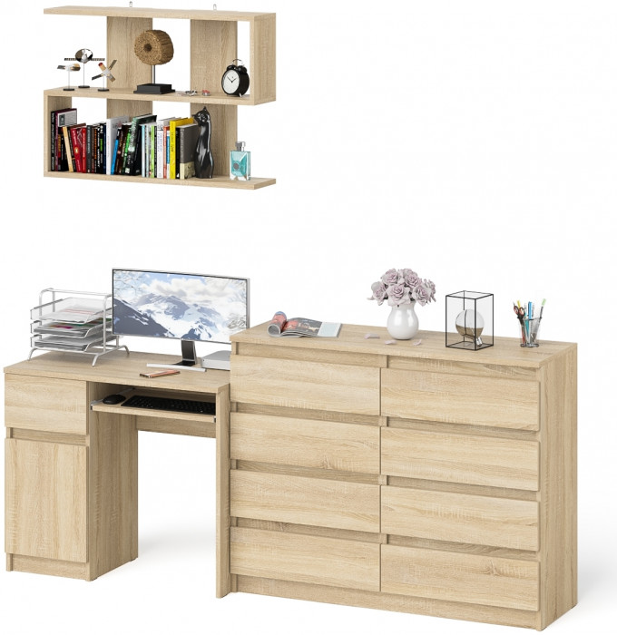 Мори Стол компьютерный МС-1 левый + Комод МК1200.8 + Полка 900, цвет дуб сонома, ШхГхВ 210,4х50х209,6 см., НЕ универсальная сборка