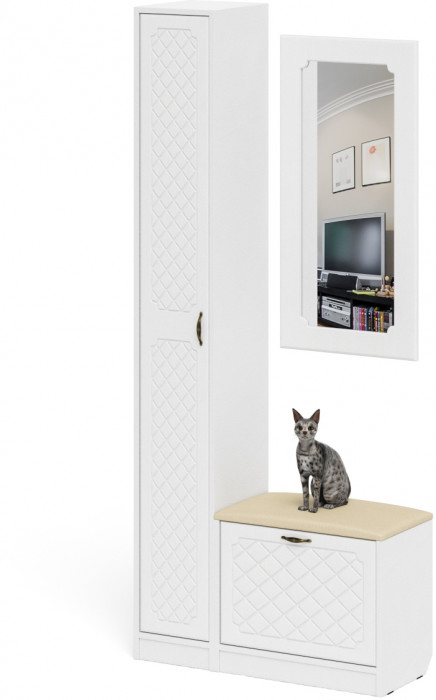 Прихожая П-6 Компоновка № 20, цвет белая шагрень/фасады МДФ белое дерево фрезеровка ромб, ШхГхВ 90х35х210 см., универсальная сборка