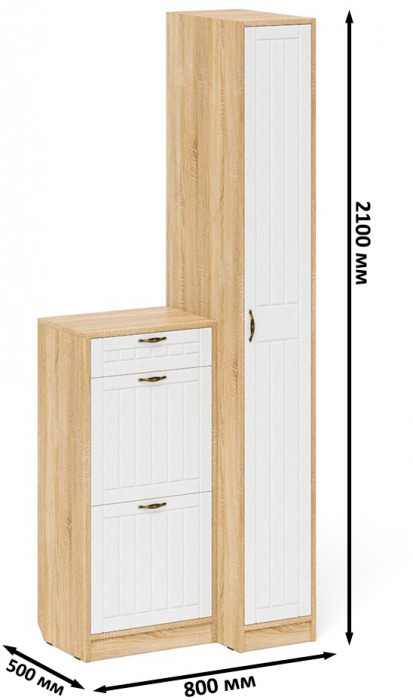 Прихожая П-6 Компоновка № 42, цвет дуб сонома/фасады МДФ белое дерево фрезеровка прованс, ШхГхВ 80х50х210 см., универсальная сборка