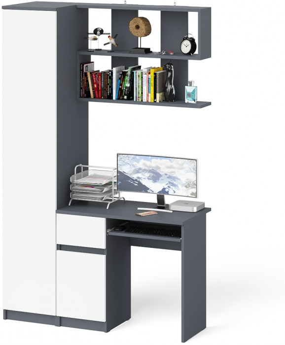 Мори компьютерный стол МС-1 левый + Пенал МШ400.1 + Полка 900, графит/белый