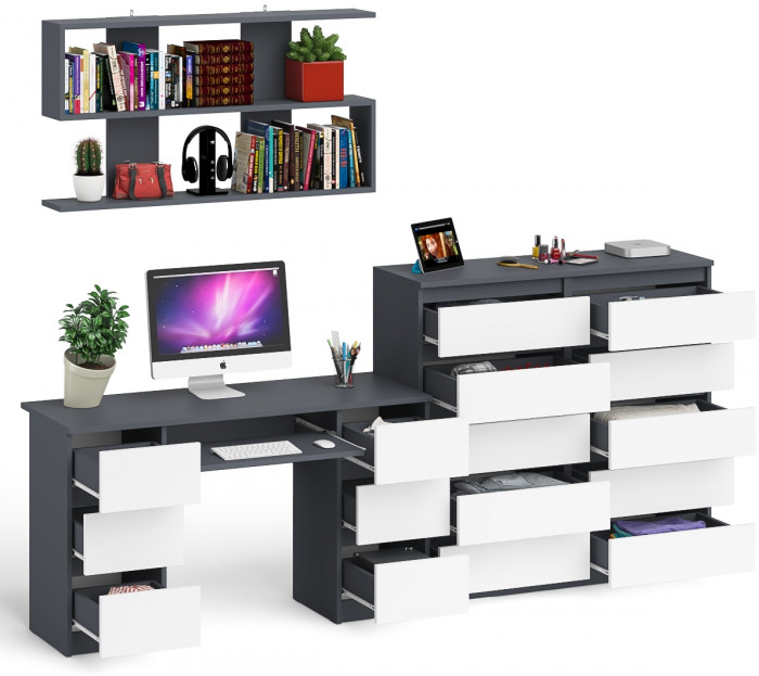 Мори компьютерный стол МС-2 + Комод МК1200.10 + Полка 1200, графит/белый