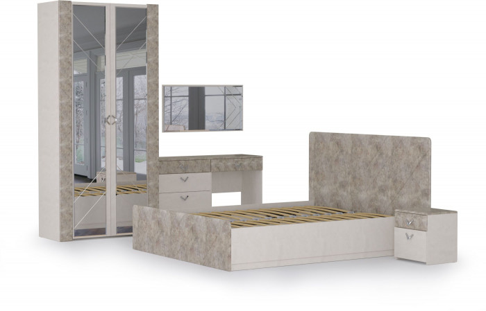 Амели Спальня № 8 Комод 13.106 + Стол туалетный + Зеркало + Шкаф 13.133 + Кровать 11.31 + под. ортопед + Тумбочка, 1600х2000 мм, б/м