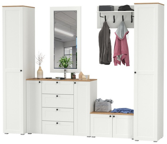 Остин Прихожая 52, цвет белый шагрень/дуб крафт золотой, ШхГхВ 280х54,3х229,6 см., универсальная сборка