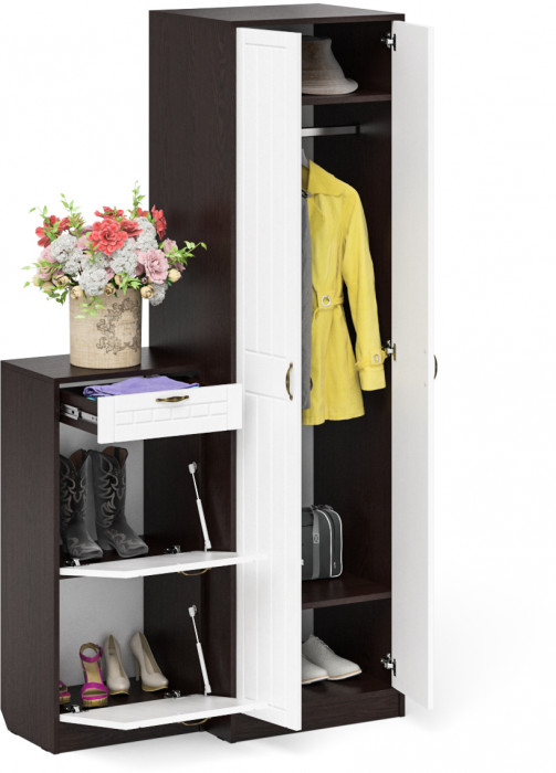 Прихожая П-6 Компоновка № 16, цвет венге/фасады МДФ белое дерево фрезеровка прованс, ШхГхВ 110х50х210 см., универсальная сборка