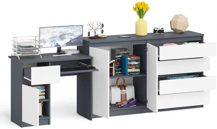 Мори компьютерный стол МС-1 левый + Комод МК1600.1, графит/белый