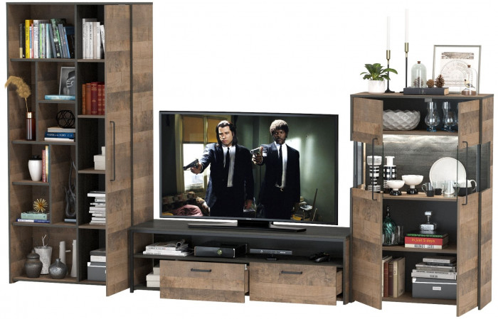 Трувор Гостиная 062, цвет дуб гранж песочный/интра, ШхГхВ 328,6х45,4х194,2 см., универсальная сборка