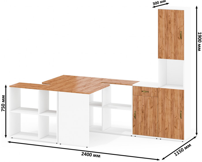 Лидер-8 Стол + Стол + Пенал + Тумба МД 3.15, цвет белый шагрень/крафт золото, ШхГхВ 410х50/30х75/190 см. или 230х50/160х75/190 см., НЕ универс. сборка