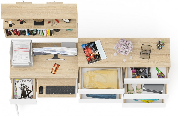 Мори Стол компьютерный МС-1 левый + Комод МК1200.8 + Полка 900, цвет дуб сонома/белый, ШхГхВ 210,4х50х209,6 см., НЕ универсальная сборка