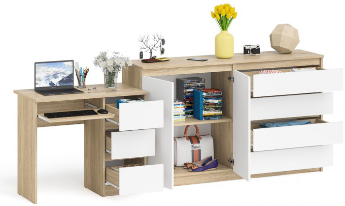 Мори Стол компьютерный МС-6 правый + Комод МК1600.1, цвет дуб сонома/белый, ШхГхВ 250,4х50х94 см., выдвижные ящики справа, НЕ универсальная сборка