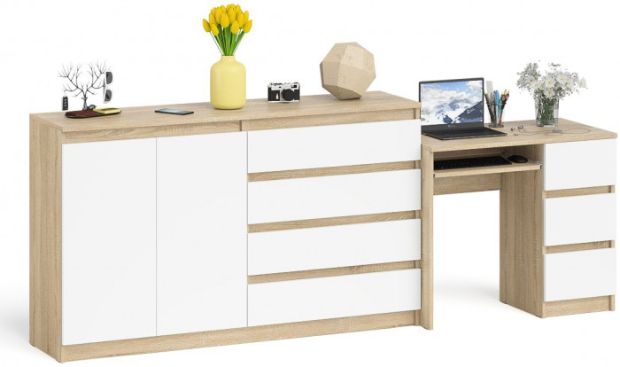 Мори Стол компьютерный МС-6 правый + Комод МК1600.1, цвет дуб сонома/белый, ШхГхВ 250,4х50х94 см., выдвижные ящики справа, НЕ универсальная сборка