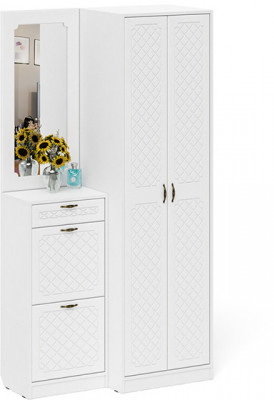 Прихожая П-6 Компоновка № 17, белая шагрень/фасады МДФ белое дерево фрезеровка ромб