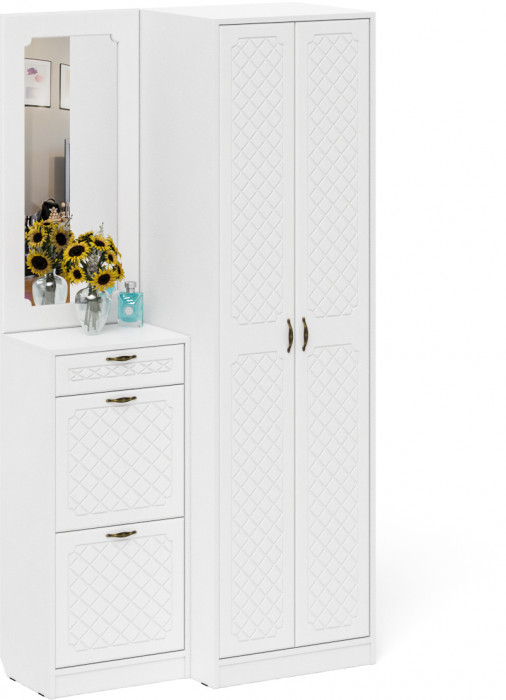 Прихожая П-6 Компоновка № 17, белая шагрень/фасады МДФ белое дерево фрезеровка ромб