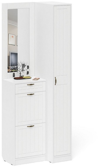 Прихожая П-6 Компоновка № 43, белая шагрень/фасады МДФ белое дерево фрезеровка прованс