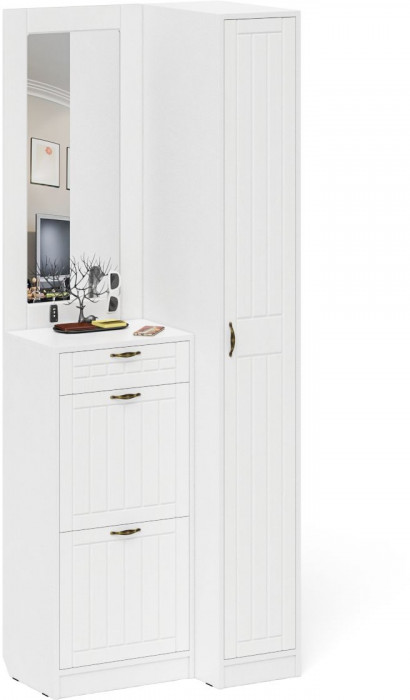 Прихожая П-6 Компоновка № 43, белая шагрень/фасады МДФ белое дерево фрезеровка прованс