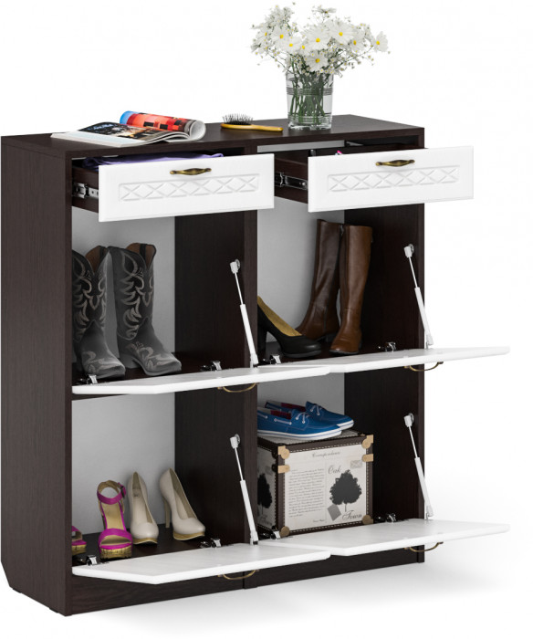 Прихожая П-6 Тумба для обуви 2 секции + Тумба для обуви 2 секции, цвет венге/фасады МДФ белое дерево фрезеровка ромб, ШхГхВ 100х35х108,3 см
