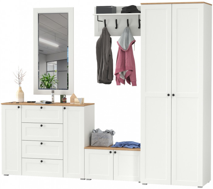 Остин Прихожая 53, цвет белый шагрень/дуб крафт золотой, ШхГхВ 280х54,3х229,6 см., универсальная сборка