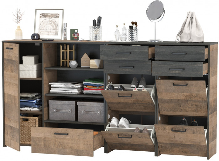 Трувор 13.241.06 Тумба для обуви + 13.307.01 Комод + 13.241.06 Тумба для обуви, цвет дуб гранж песочный/интра, ШхГхВ 209х37х106,9 см., универс. сборка