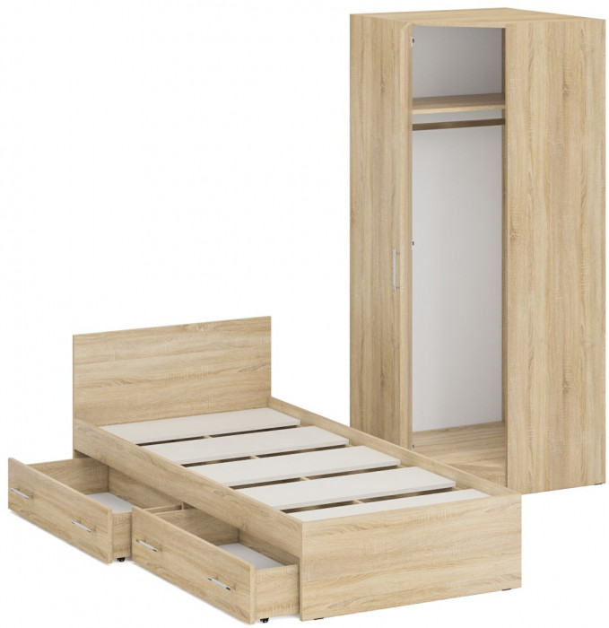 Кровать с ящиками 0900 + Шкаф угловой Стандарт, цвет дуб сонома, ШхГхВ 93,5х203,5х70 + 81,2х81,2х200 см., сп.м. 900х2000 мм., б/м, основание есть