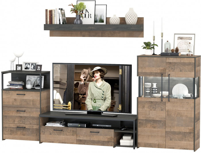 Трувор Гостиная 065, цвет дуб гранж песочный/интра, ШхГхВ 301,6х45,4х195 см., универсальная сборка