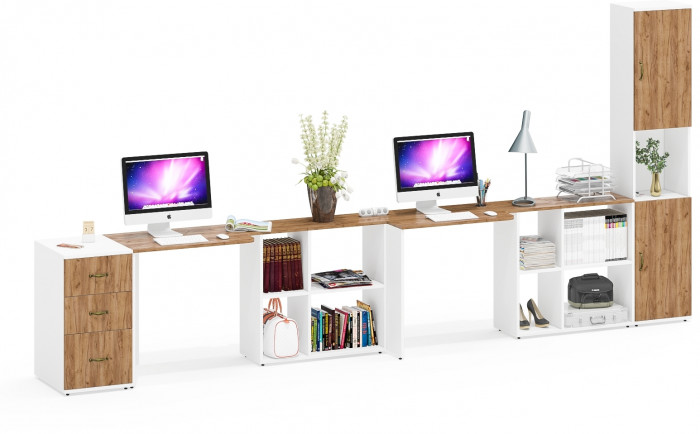 Лидер-8 Стол + Стол + Пенал + Тумба МД 3.16, цвет белый шагрень/крафт золото, ШхГхВ 410х50/30х75/190 см. или 230х50/160х75/190 см., НЕ универс. сборка