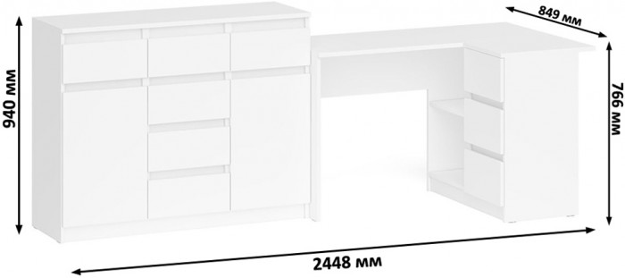 Мори компьютерный стол МС-16 правый + Комод МК1200.4, белый