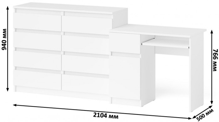 Мори Стол компьютерный МС-1 левый + Комод МК1200.8, цвет белый, ШхГхВ 210,4х50х94 см., выдвижной ящик слева, НЕ универсальная сборка
