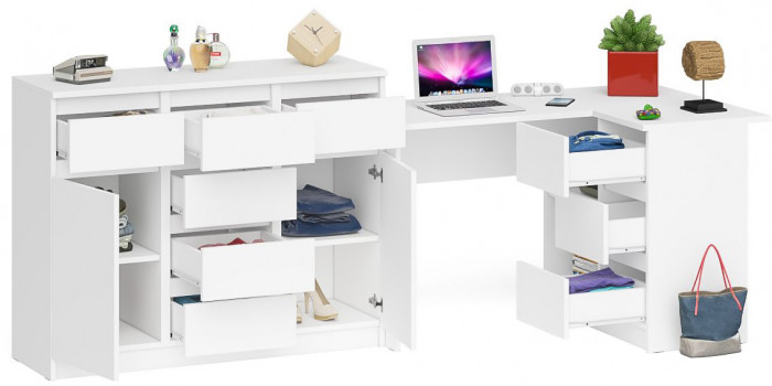 Мори Стол компьютерный МС-16 правый + Комод МК1200.4, цвет белый, ШхГхВ 244,8х84,9х94 см., выдвижные ящики справа, НЕ универсальная сборка