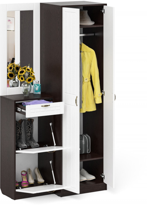 Прихожая П-6 Компоновка № 17, венге/фасады МДФ белое дерево фрезеровка прованс