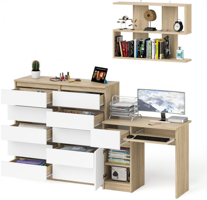 Мори компьютерный стол МС-1 левый + Комод МК1200.10 + Полка 900, дуб сонома/белый