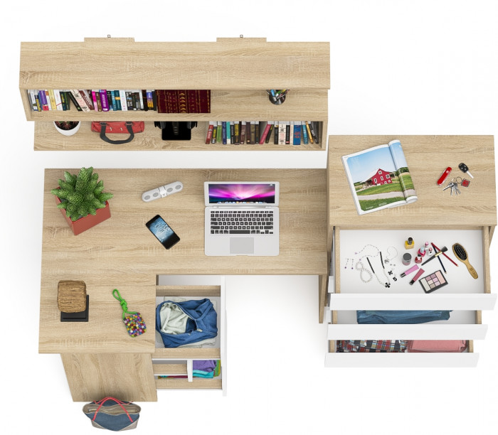 Мори компьютерный стол МС-16 левый + Комод МК700.5 + Полка 1200, дуб сонома/белый