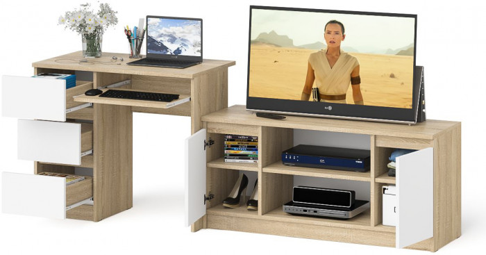 Мори компьютерный стол МС-6 левый + Тумба МТВ1200.1, дуб сонома/белый