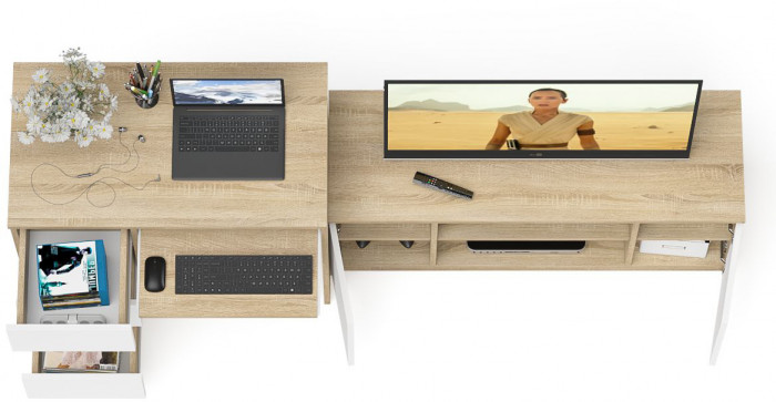 Мори компьютерный стол МС-6 левый + Тумба МТВ1200.1, дуб сонома/белый