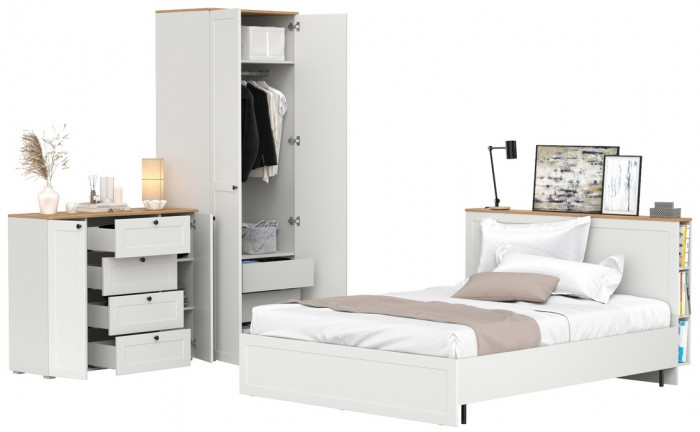 Остин 11.53 Кровать + ортопед + 13.336.02 Шкаф для одежды + 16.221 Комод, белый шагрень/дуб крафт золотой