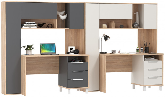 Два стола компьютерных Комфорт 12.95N, цвет дуб сонома/белый/дуб сонома/тёмно-серый, ШхГхВ 324х60,3х180 см., НЕ универсальная сборка