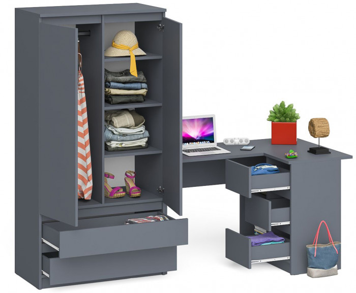 Мори Стол компьютерный МС-16 правый + Шкаф МШ900.1, цвет графит, ШхГхВ 214,8х84,9х179,6 см., выдвижные ящики справа, НЕ универсальная сборка