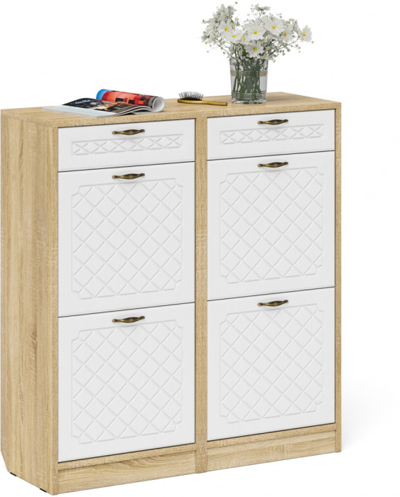 Прихожая П-6 Тумба для обуви 2 секции + Тумба для обуви 2 секции, цвет дуб сонома/фасады МДФ белое дерево фрезеровка ромб, ШхГхВ 100х35х108,3 см