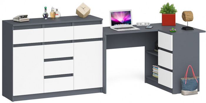 Мори компьютерный стол МС-16 правый + Комод МК1200.4, графит/белый