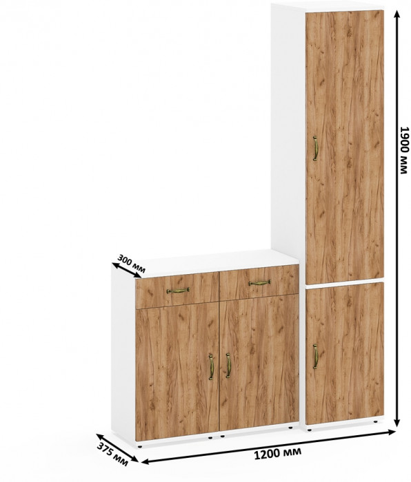 Лидер-8 Пенал МД 21Б + Тумба МД 3.15 + Тумба МД 3.15, цвет белый шагрень/крафт золото, ШхГхВ 120х37,5х190 см., универсальная сборка