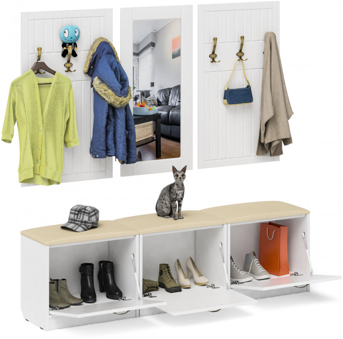 Прихожая П-6 Компоновка № 03, цвет белая шагрень/фасады МДФ белое дерево фрезеровка прованс, ШхГхВ 180х35х200 см., универсальная сборка