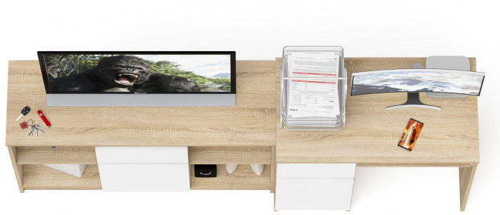 Мори Стол компьютерный МС-1 левый + Тумба МТВ1204.1, цвет дуб сонома/белый, ШхГхВ 210,4х50х76,6 см., выдвижной ящик слева, НЕ универсальная сборка